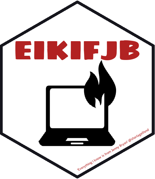 hex logo of 'Everything I know is from Jenny Bryan' with a laptop on fire